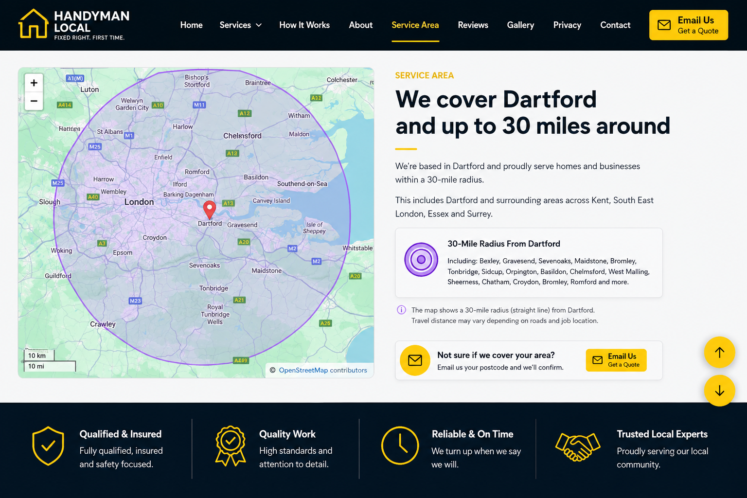 Map showing an approximately 30-mile service radius around Dartford